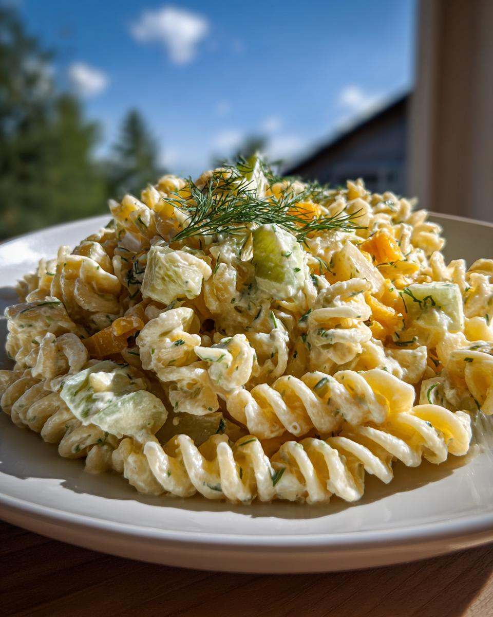 Close-up of creamy pickle pasta salad made with rotini pasta, pickles, and topped with fresh dill.