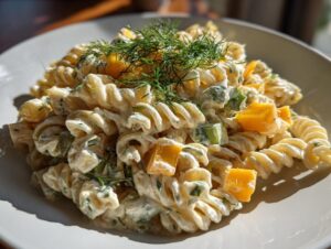 A close-up of creamy pickle pasta salad featuring rotini pasta, yellow pickle chunks, and fresh dill on top.