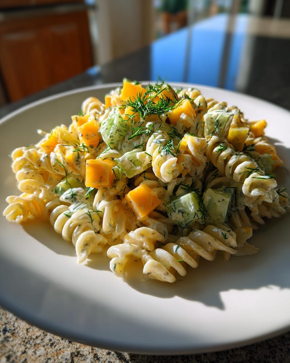 A serving of creamy pickle pasta salad featuring rotini pasta, orange cheese cubes, cucumber, and fresh dill.