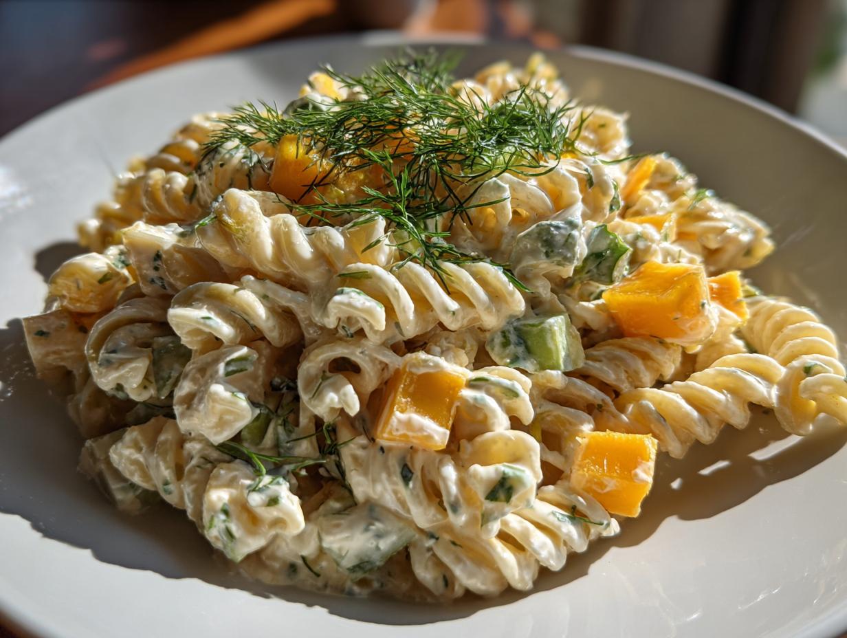 A close-up of creamy pickle pasta salad featuring rotini pasta, yellow pickle chunks, and fresh dill on top.