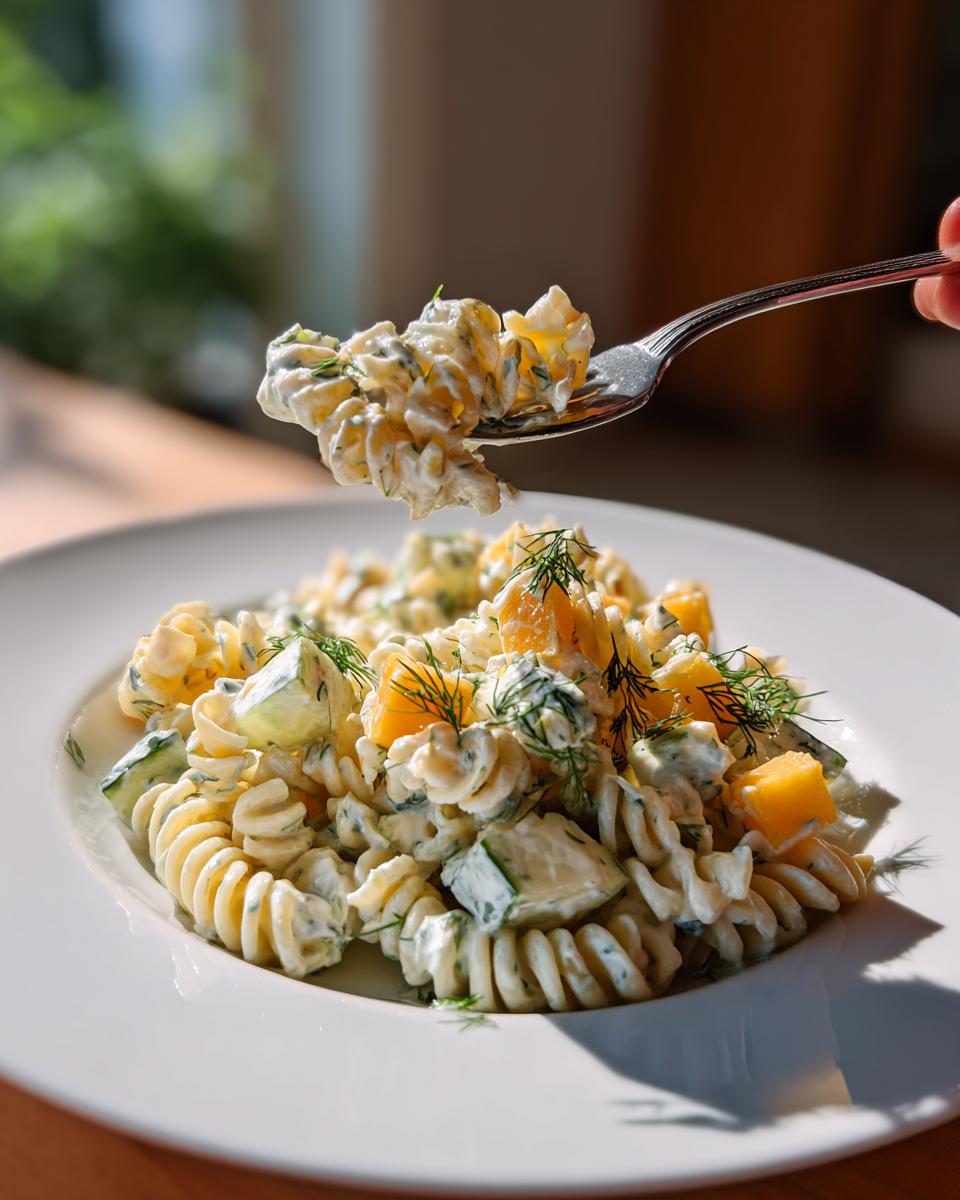 A fork lifting a creamy bite of pickle pasta salad, showing rotini pasta, dill, and chunks of pickle.