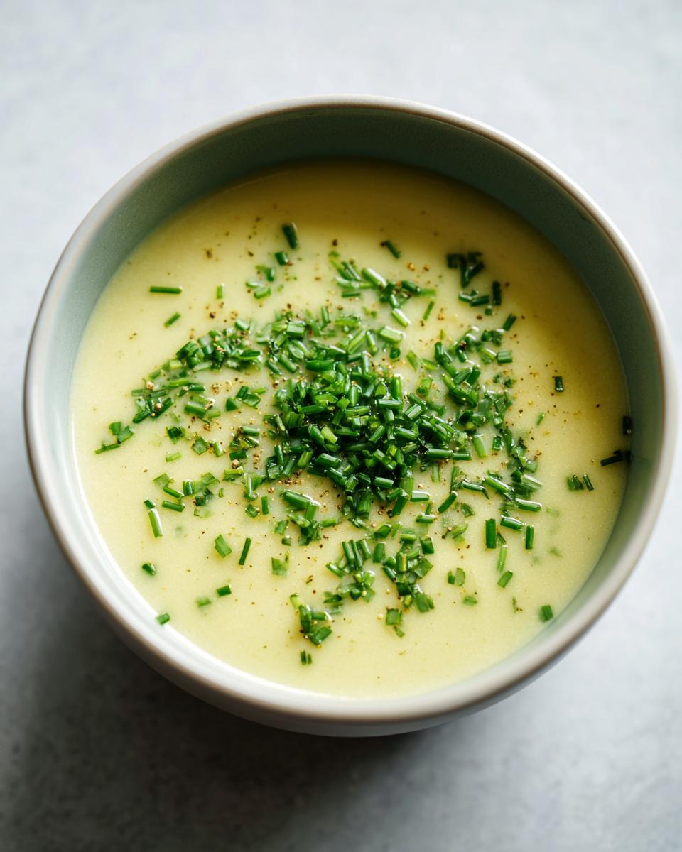 Overhead view of a bowl of creamy potato leek soup garnished generously with chopped fresh chives and black pepper.