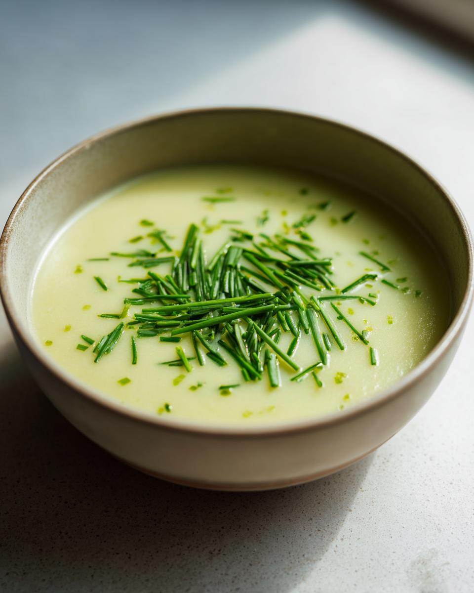 A bowl of creamy potato leek soup garnished generously with fresh, bright green chopped chives.
