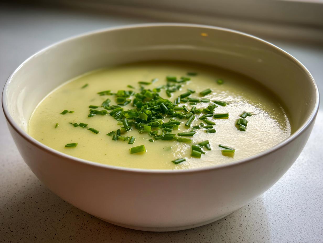 A close-up of a bowl of creamy potato leek soup topped generously with fresh, chopped chives.