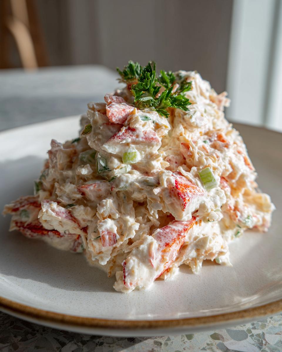 A close-up of a creamy, mound-shaped seafood salad featuring chunks of red-tinged seafood and green celery, garnished with parsley.