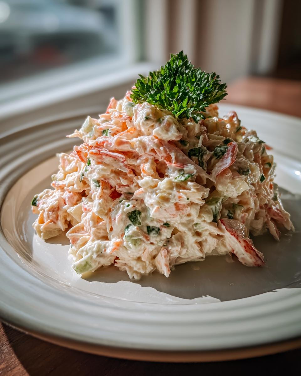 A mound of creamy seafood salad, featuring shredded seafood and vegetables, topped with fresh parsley on a white plate.