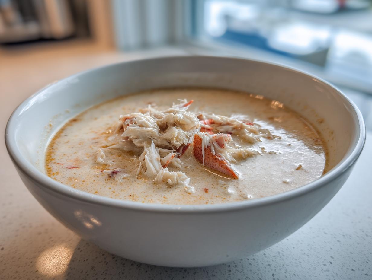 A close-up of a creamy bowl of she crab soup generously topped with shredded crab meat.