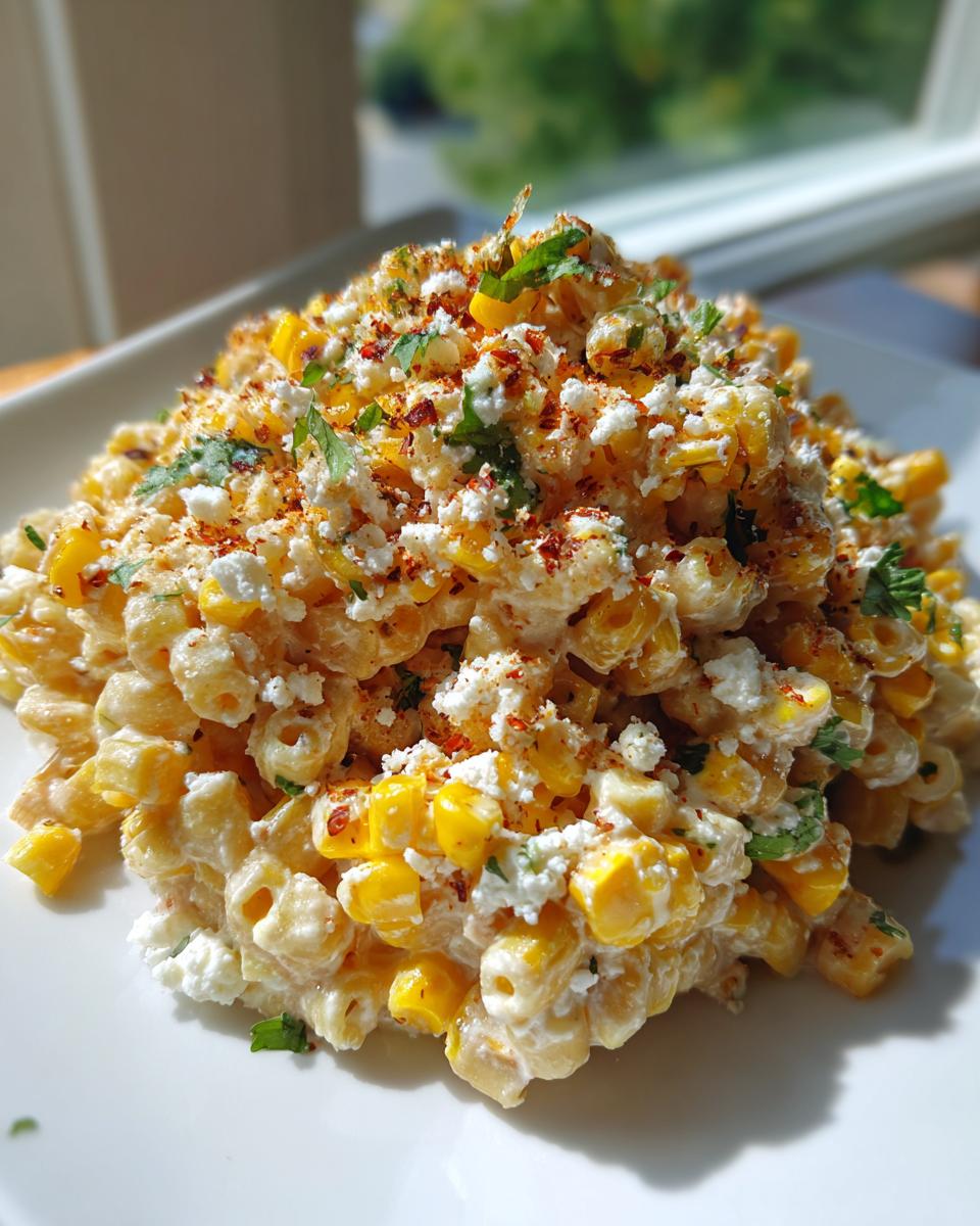 A mound of creamy street corn pasta salad topped generously with crumbled white cheese and red chili flakes.