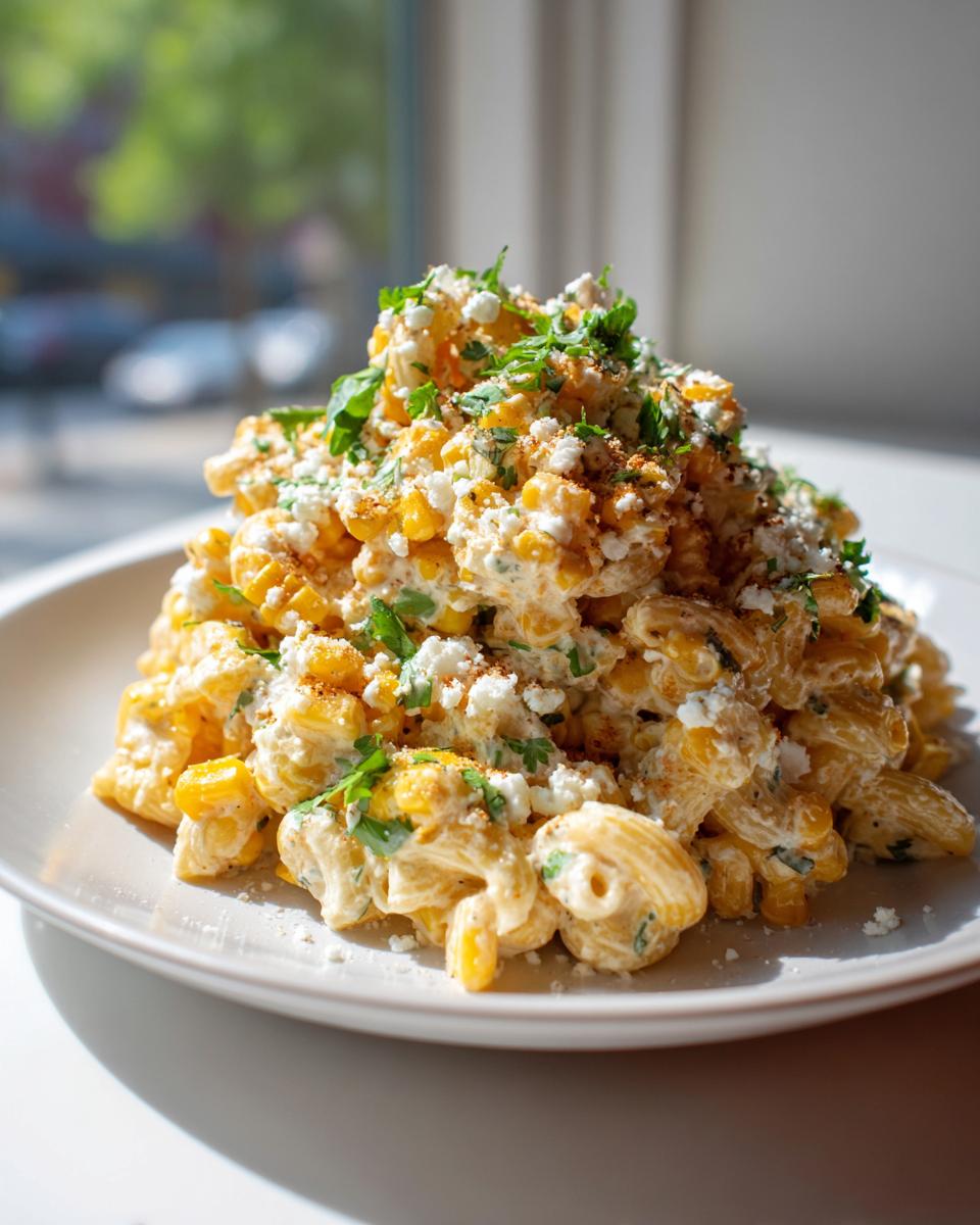 A mound of creamy street corn pasta salad topped with cotija cheese and fresh cilantro.