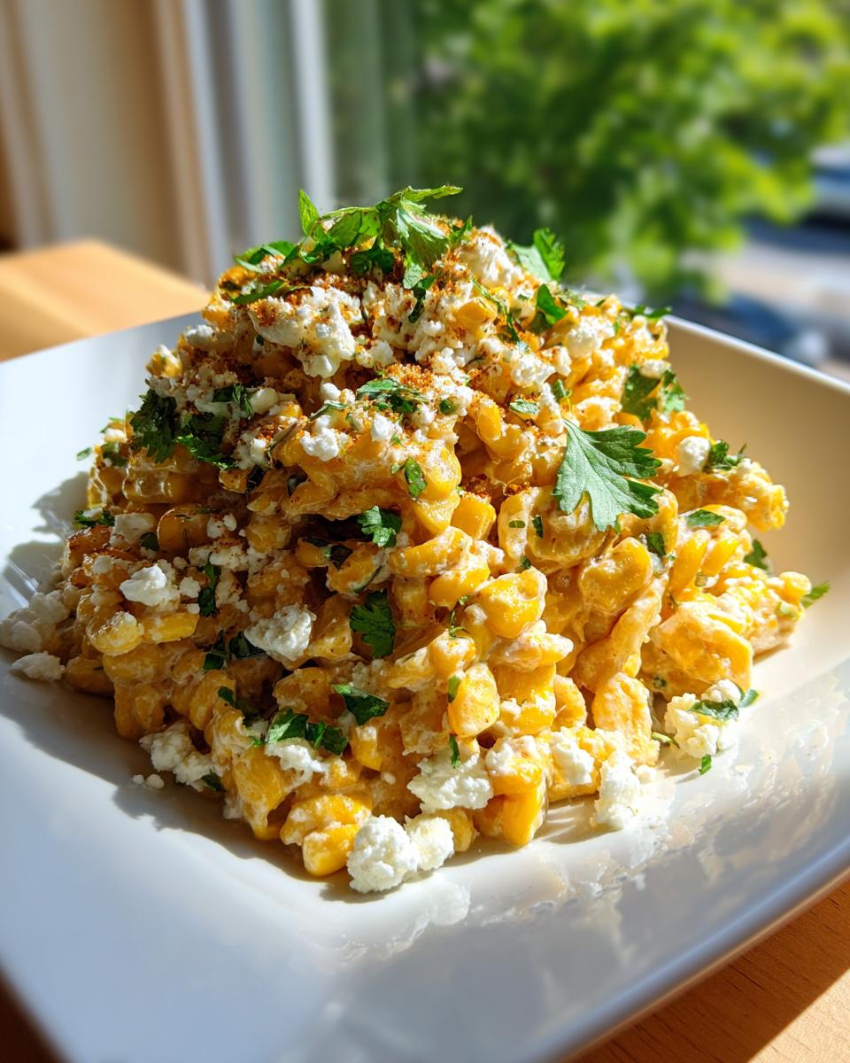 A close-up of creamy street corn pasta salad piled high on a white plate, garnished with cotija cheese and cilantro.