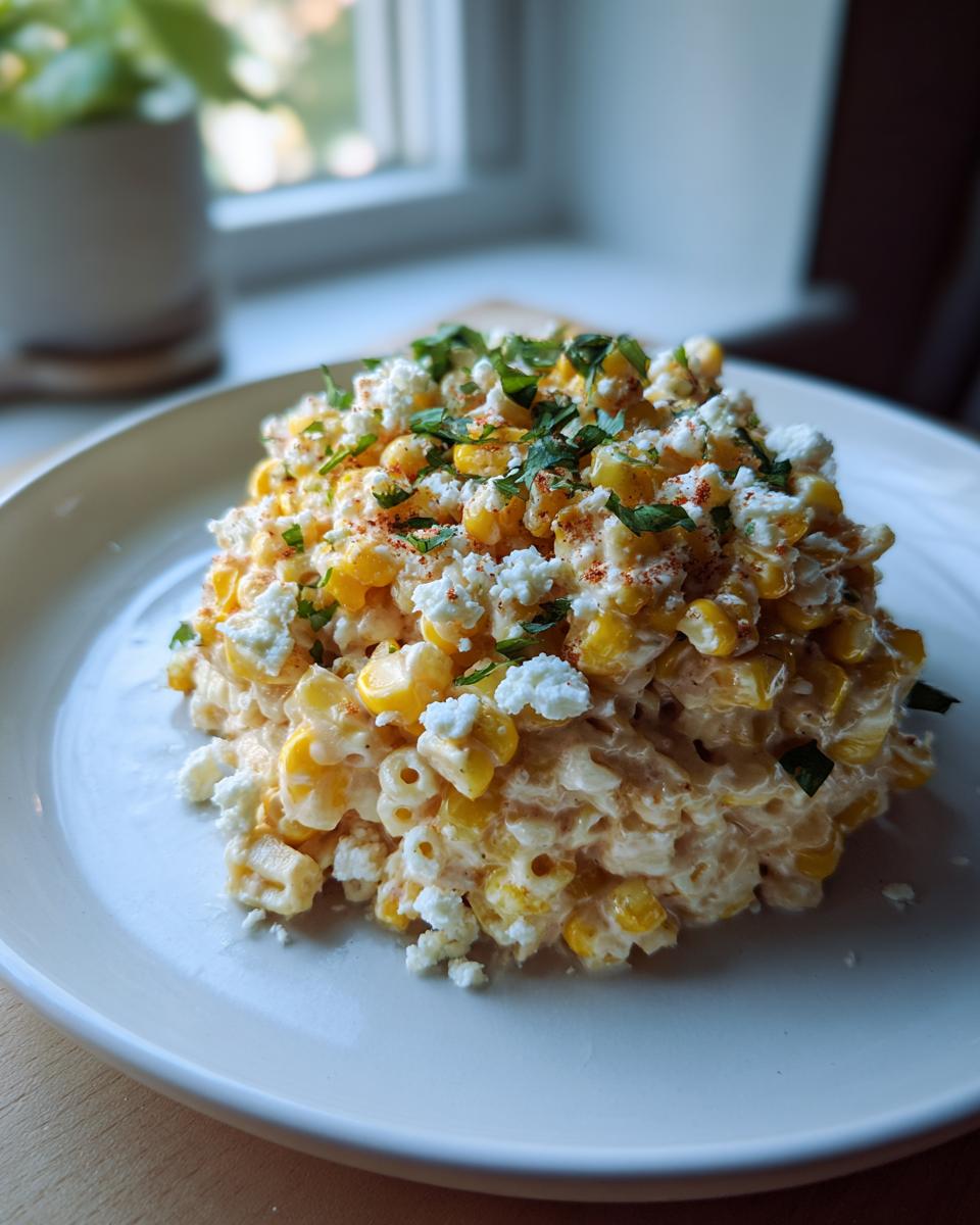 A serving of creamy street corn pasta salad mixed with corn kernels, cotija cheese, and fresh cilantro.