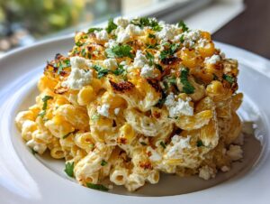 A mound of creamy street corn pasta salad topped with charred corn, cotija cheese, and fresh parsley.