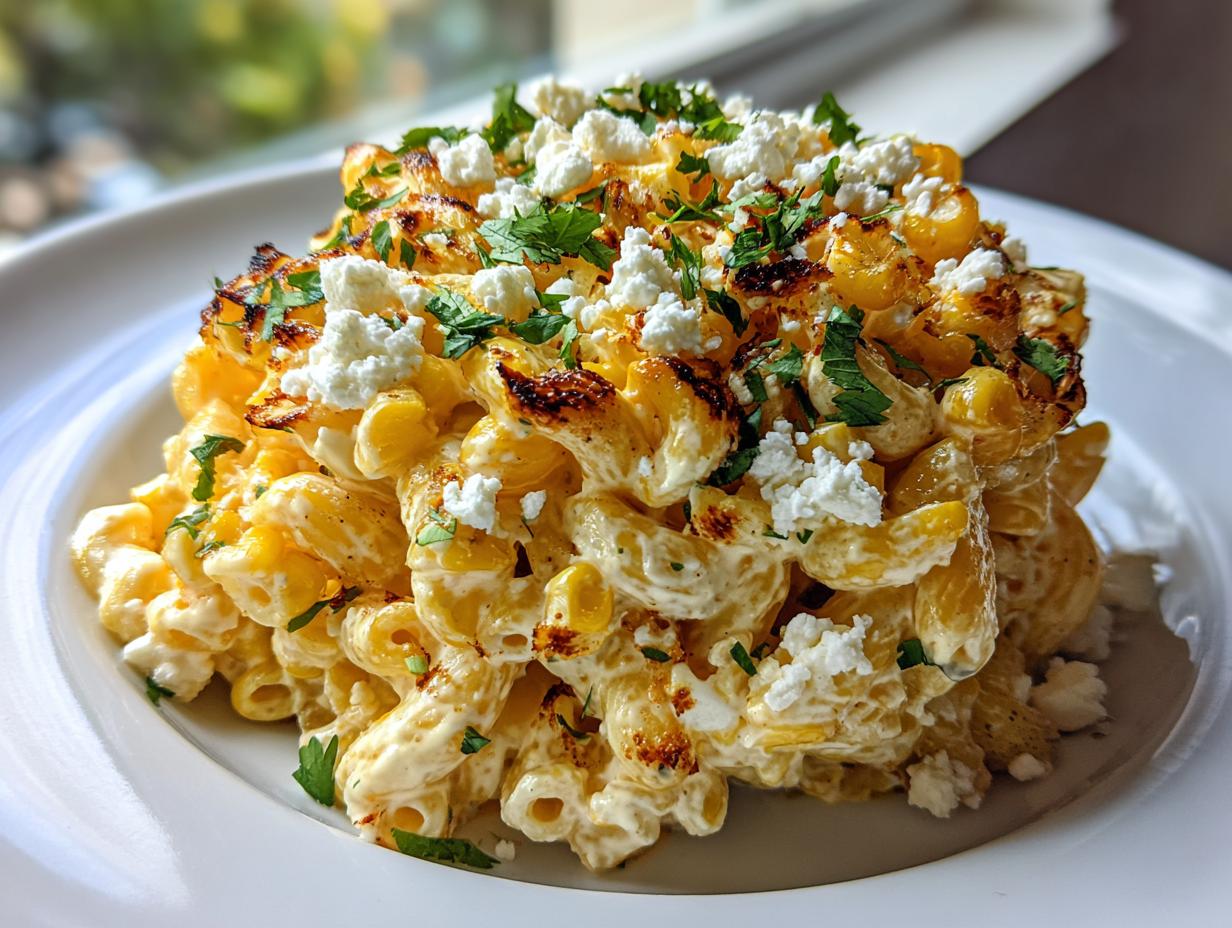 A mound of creamy street corn pasta salad topped with charred corn, cotija cheese, and fresh parsley.