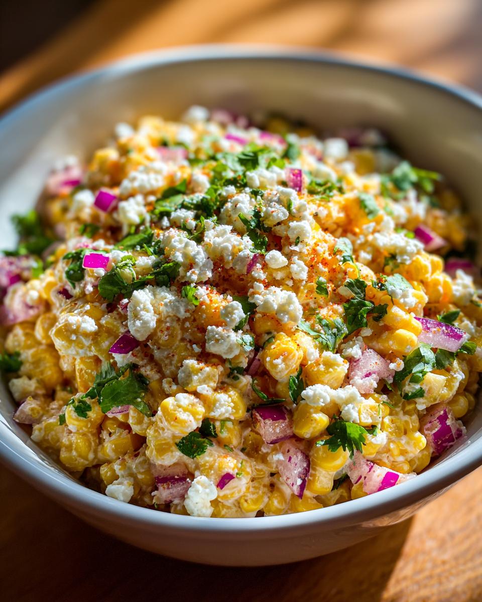 A close-up of creamy street corn salad mixed with cotija cheese, red onion, and cilantro, ready to serve.