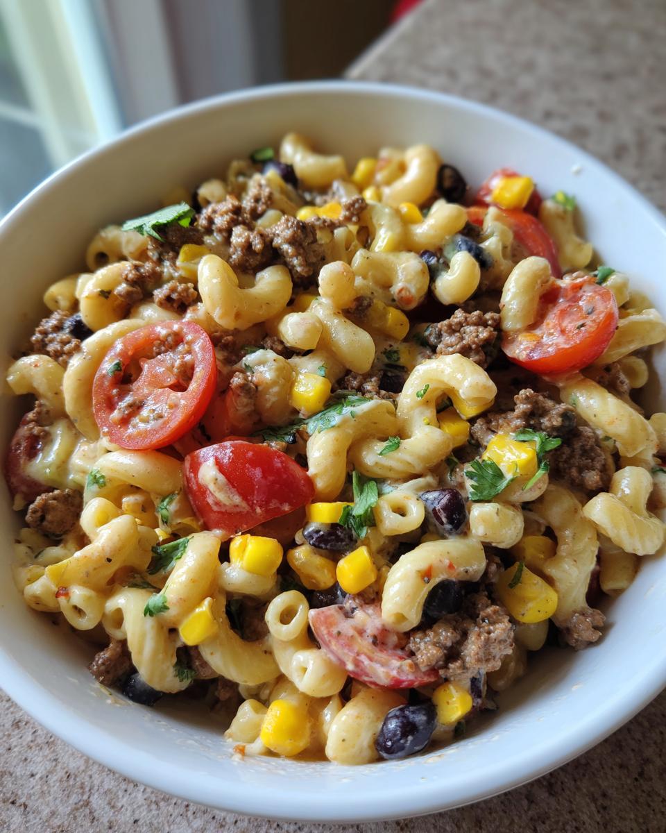 A close-up of a white bowl filled with creamy taco pasta salad featuring elbow macaroni, ground beef, corn, black beans, and tomato slices.