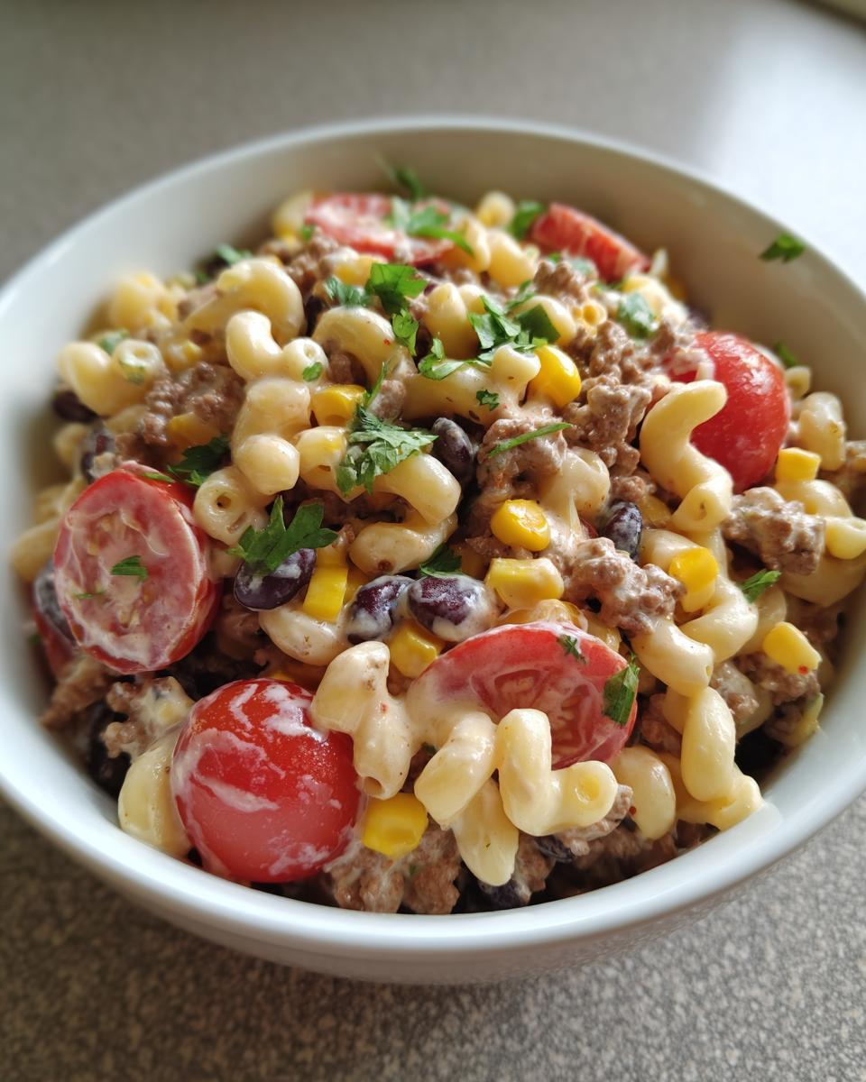 Close-up of a creamy taco pasta salad featuring elbow macaroni, ground beef, corn, black beans, and cherry tomatoes.