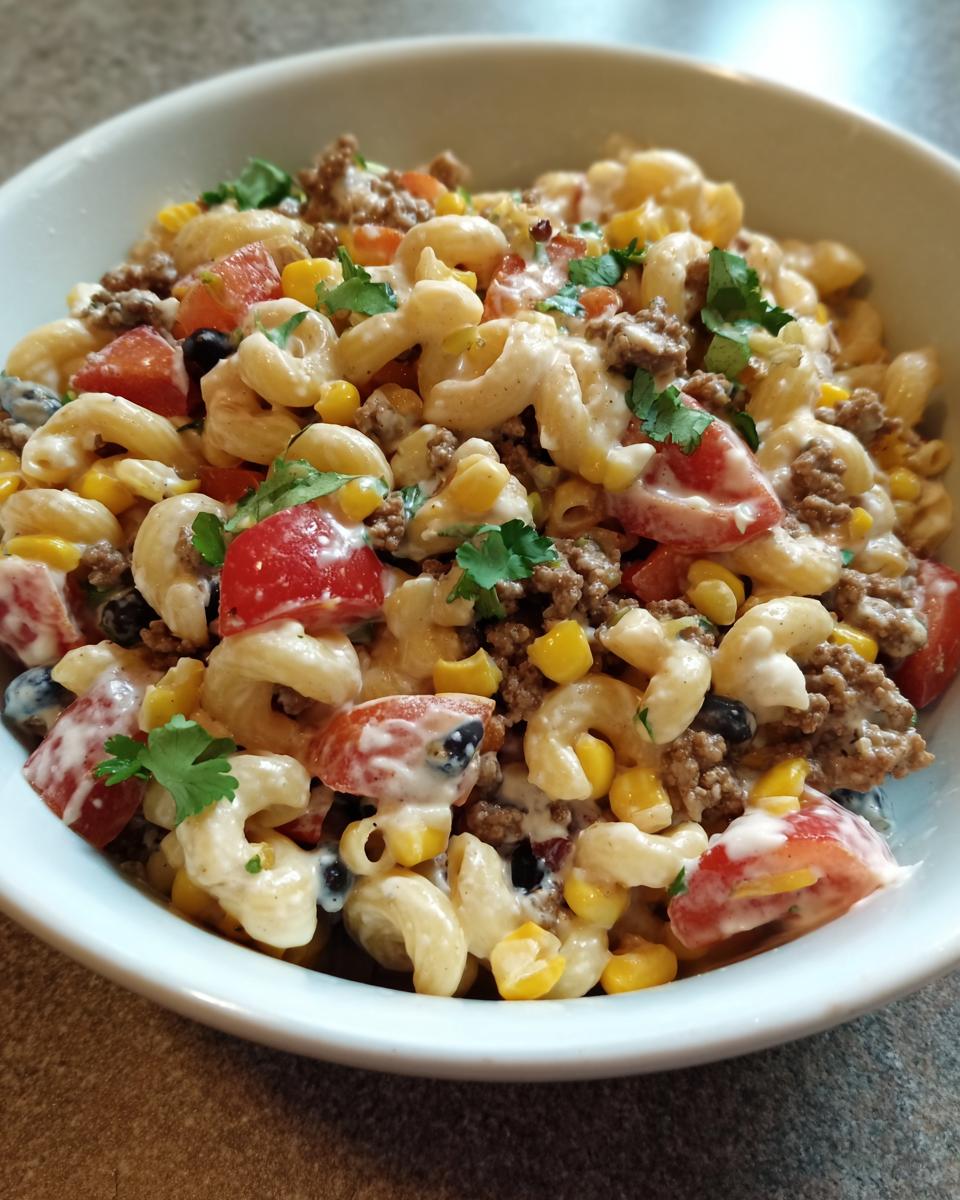A close-up view of creamy taco pasta salad featuring elbow macaroni, ground beef, corn, tomatoes, and cilantro.
