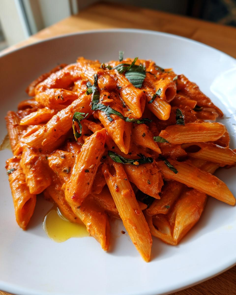 Close-up of creamy penne pasta coated in orange tomato basil pasta sauce, garnished with fresh basil.