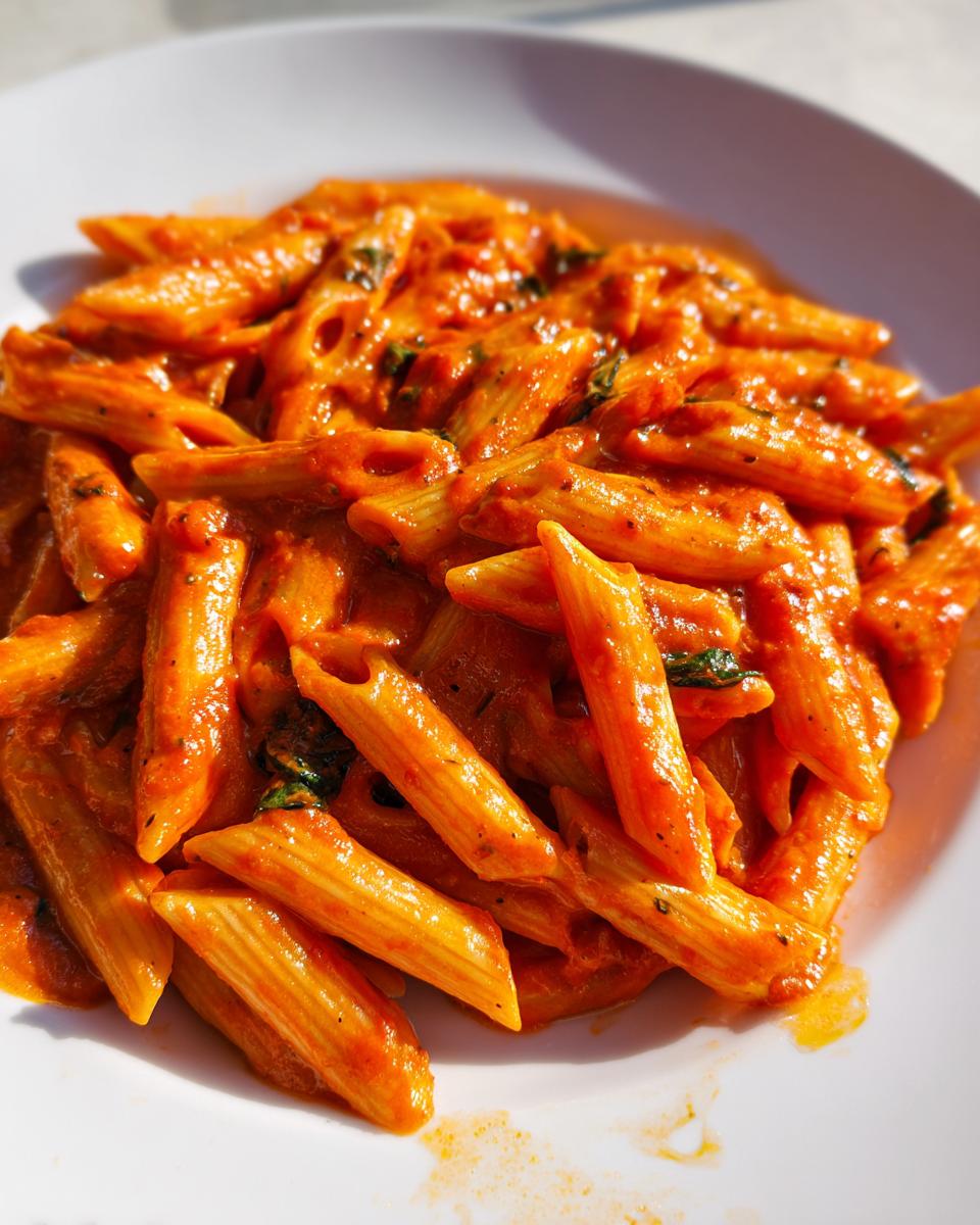 A close-up shot of cooked penne pasta coated generously in a rich, creamy tomato basil pasta sauce served on a white plate.
