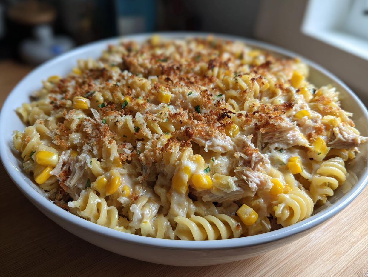 Close-up of creamy tuna pasta made with rotini, corn, and topped with golden toasted breadcrumbs.