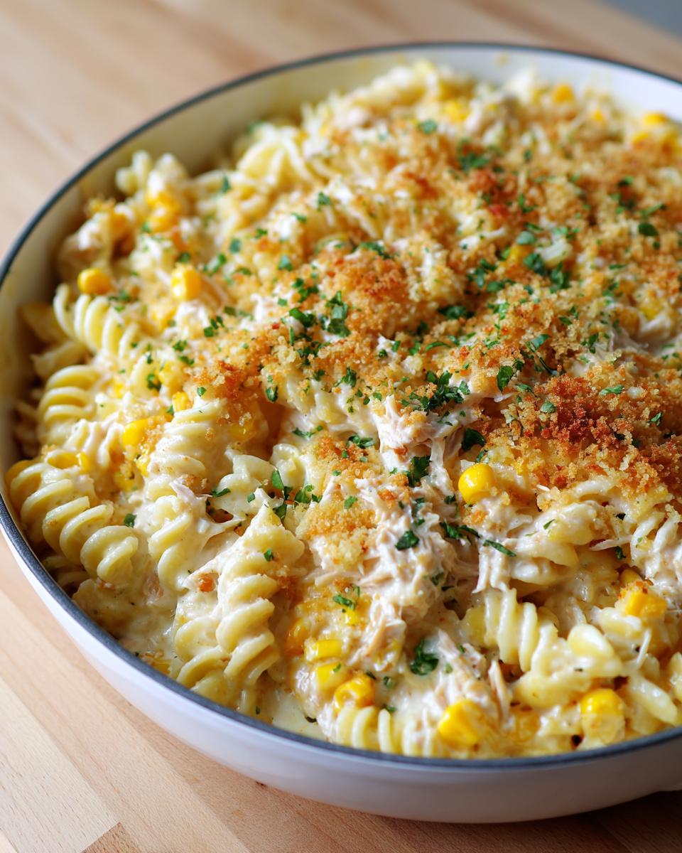 Close-up of creamy tuna pasta made with rotini, corn, and topped with toasted breadcrumbs and parsley.