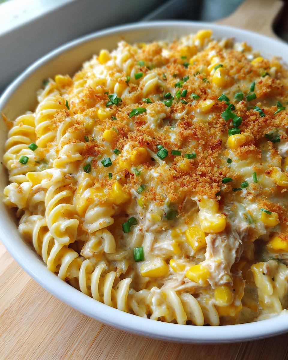 Close-up of creamy tuna pasta mixed with corn kernels, topped with golden breadcrumbs and chives.