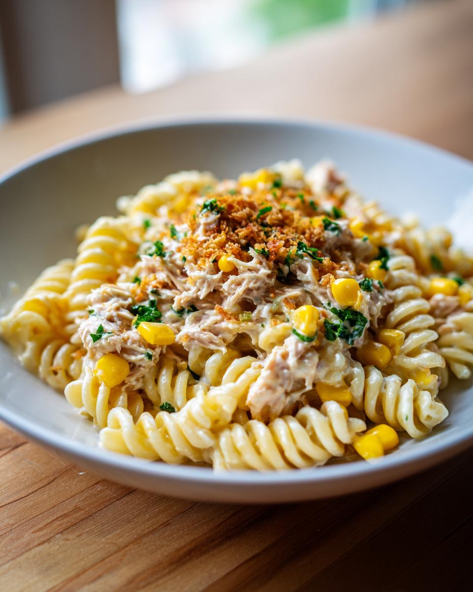 Close-up of creamy tuna pasta made with fusilli, mixed with corn kernels and topped with breadcrumbs.