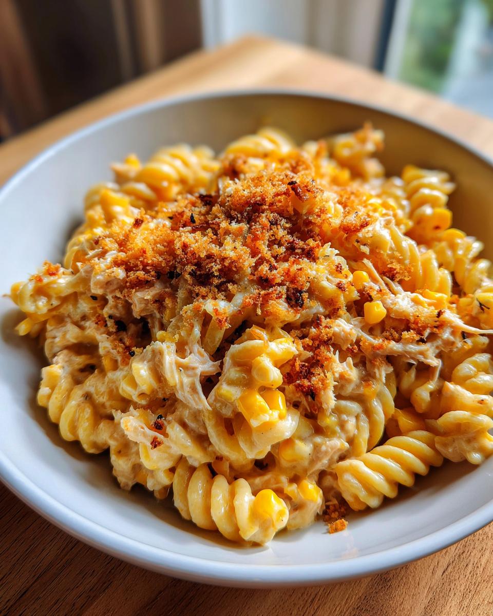 Close-up of creamy tuna pasta made with rotini, corn, and topped with crispy breadcrumbs.