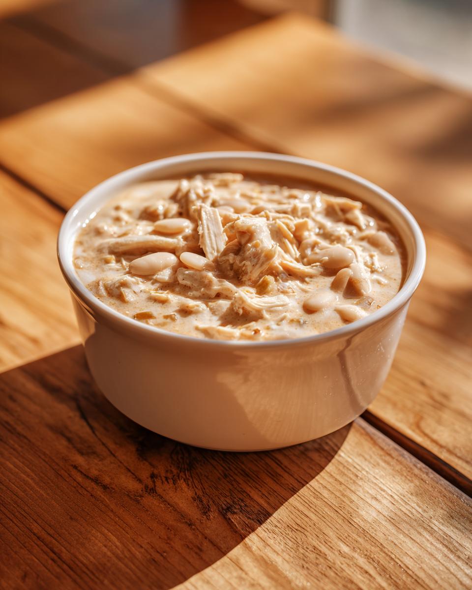 A close-up of a white bowl filled with creamy white chicken chili, featuring shredded white chicken and white beans.