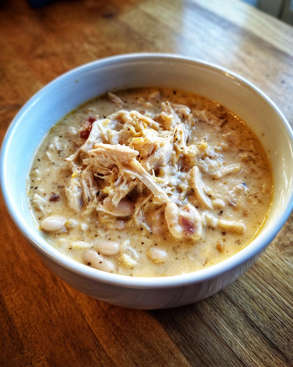 Close-up of a bowl of creamy white chicken chili topped with shredded white chicken and white beans.