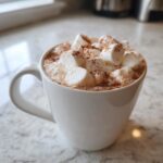 A close-up of a mug filled with creamy white hot chocolate topped with marshmallows and a dusting of cocoa.