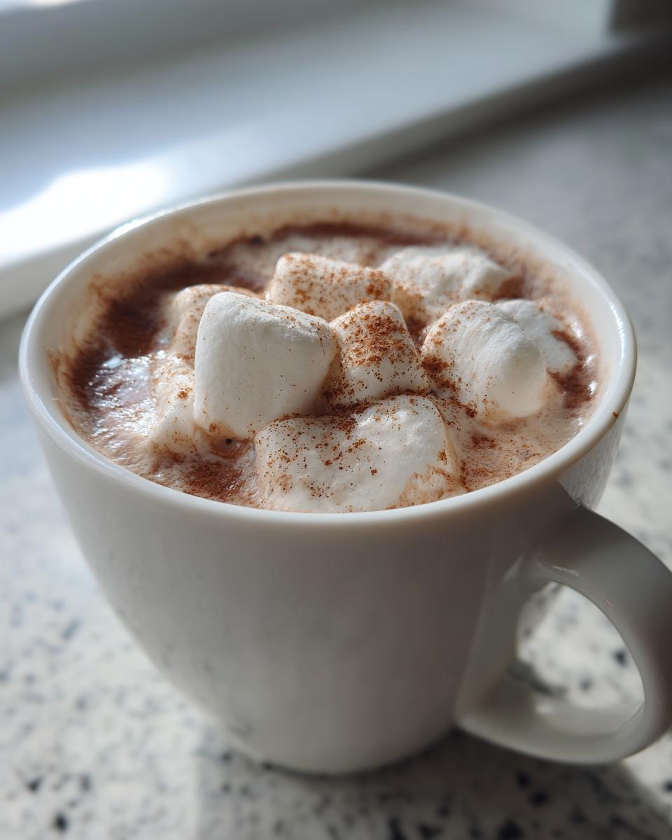 Close-up of a mug filled with creamy white hot chocolate topped with marshmallows and cinnamon.