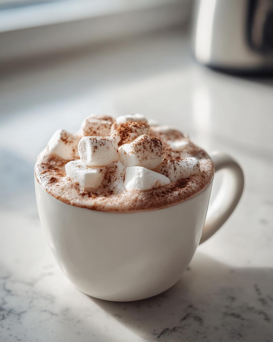 A close-up of a mug filled with creamy white hot chocolate, topped generously with marshmallows and dusted with cocoa powder.