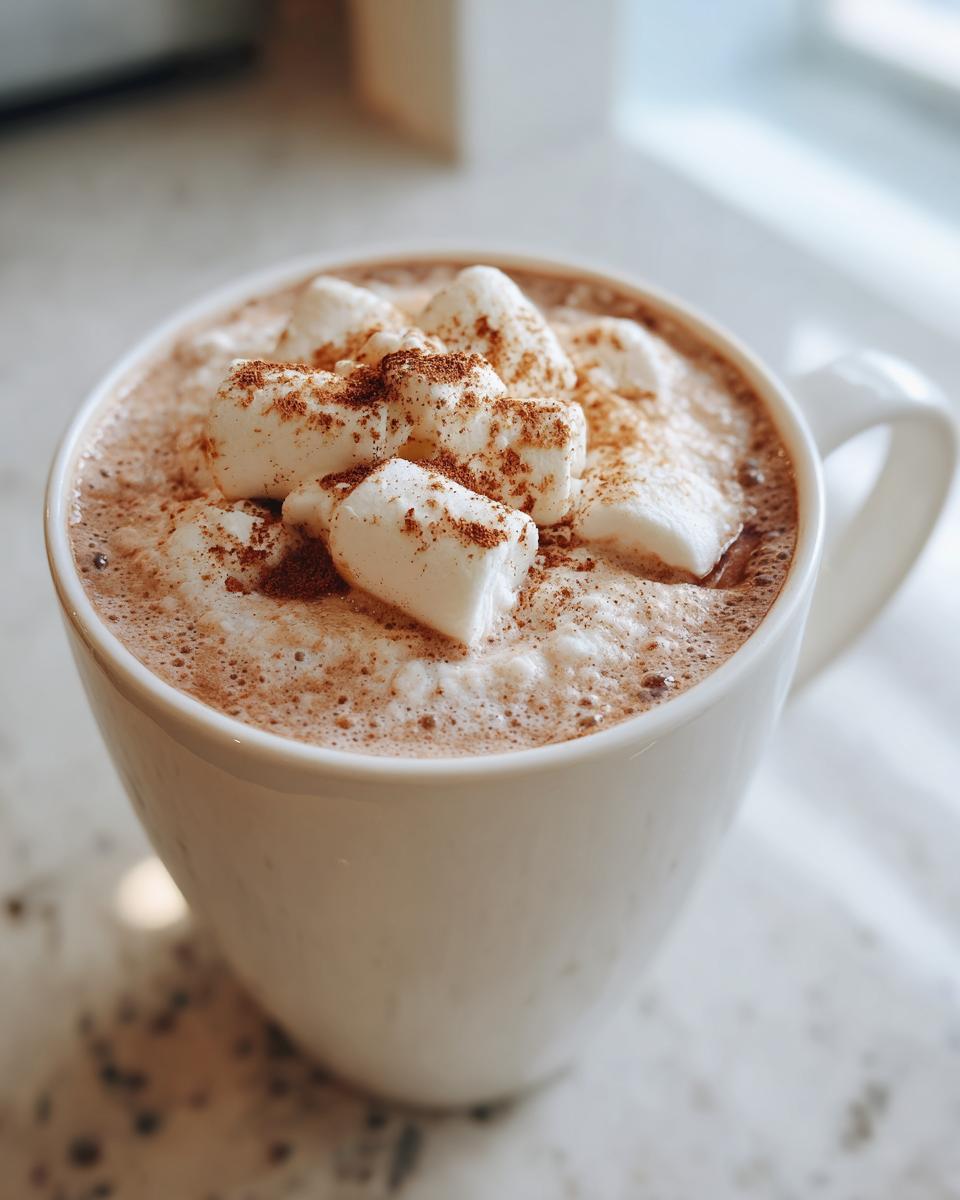 A creamy cup of white hot chocolate topped with marshmallows and a dusting of cocoa powder.