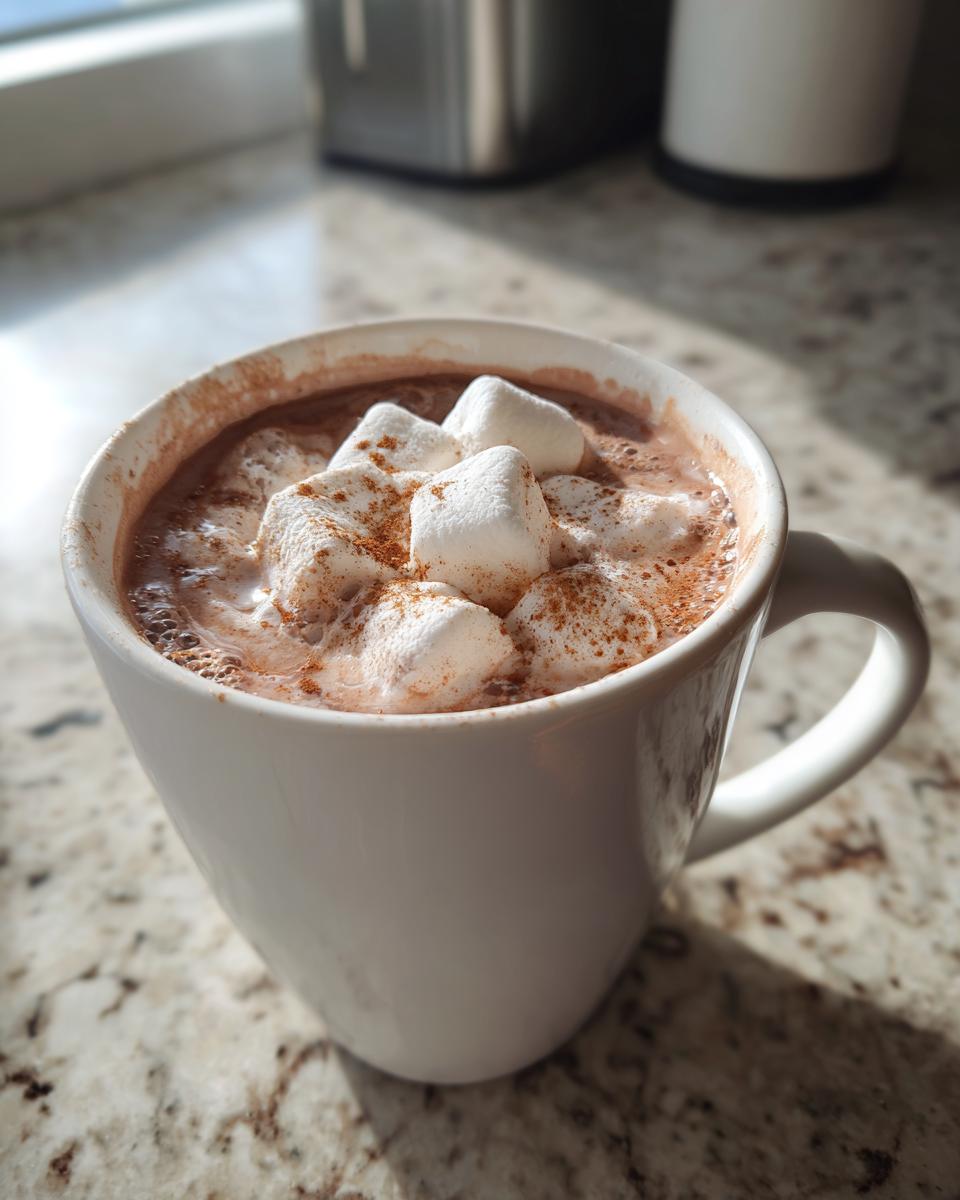 A close-up of a creamy white hot chocolate topped with marshmallows and cinnamon.