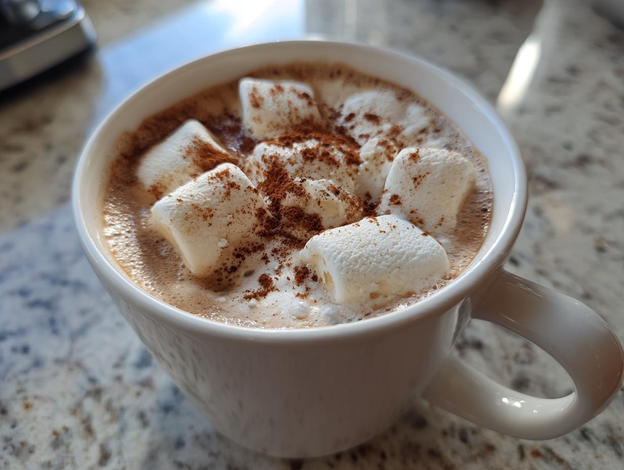 Close-up of a mug filled with creamy white hot chocolate topped with marshmallows and cinnamon.