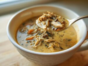 A spoonful of creamy wild rice soup, showing shredded chicken, wild rice, and carrots, lifted from a white bowl.
