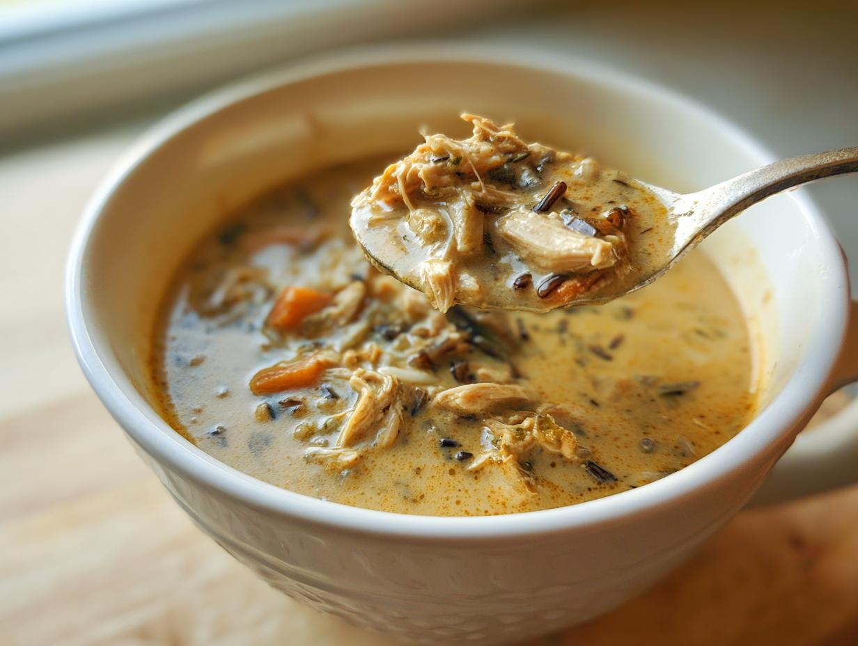 A spoonful of creamy wild rice soup, showing shredded chicken, wild rice, and carrots, lifted from a white bowl.