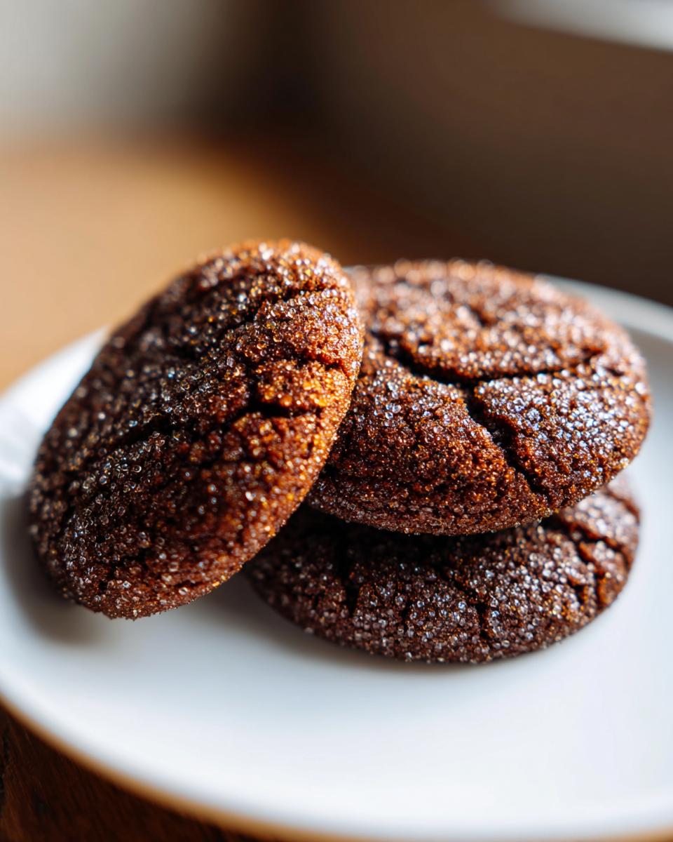 Close-up of three dark, crinkled ginger molasses cookies generously coated in sparkling sugar crystals.