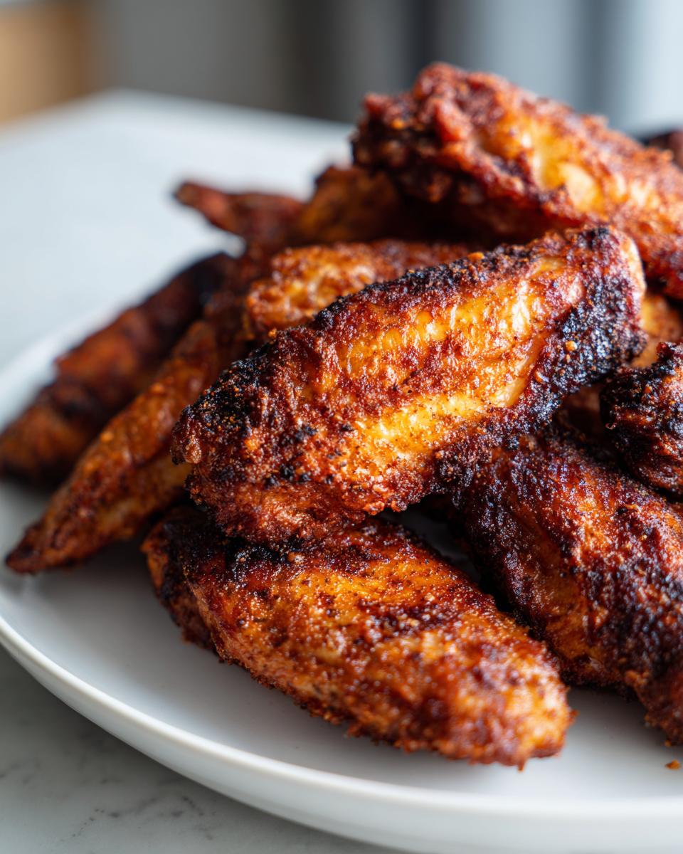 A close-up of a pile of deeply browned, crispy air fryer chicken wings seasoned with spices.
