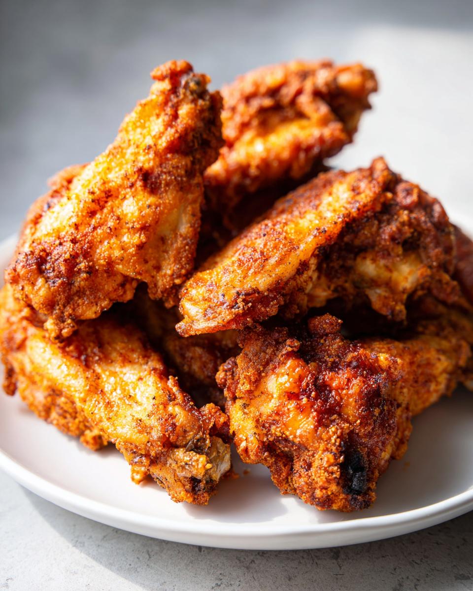 A close-up pile of golden brown, seasoned crispy air fryer chicken wings served on a white plate.