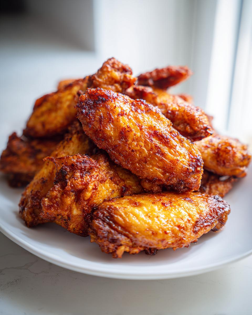 A close-up of a pile of golden brown, crispy air fryer chicken wings served on a white plate.