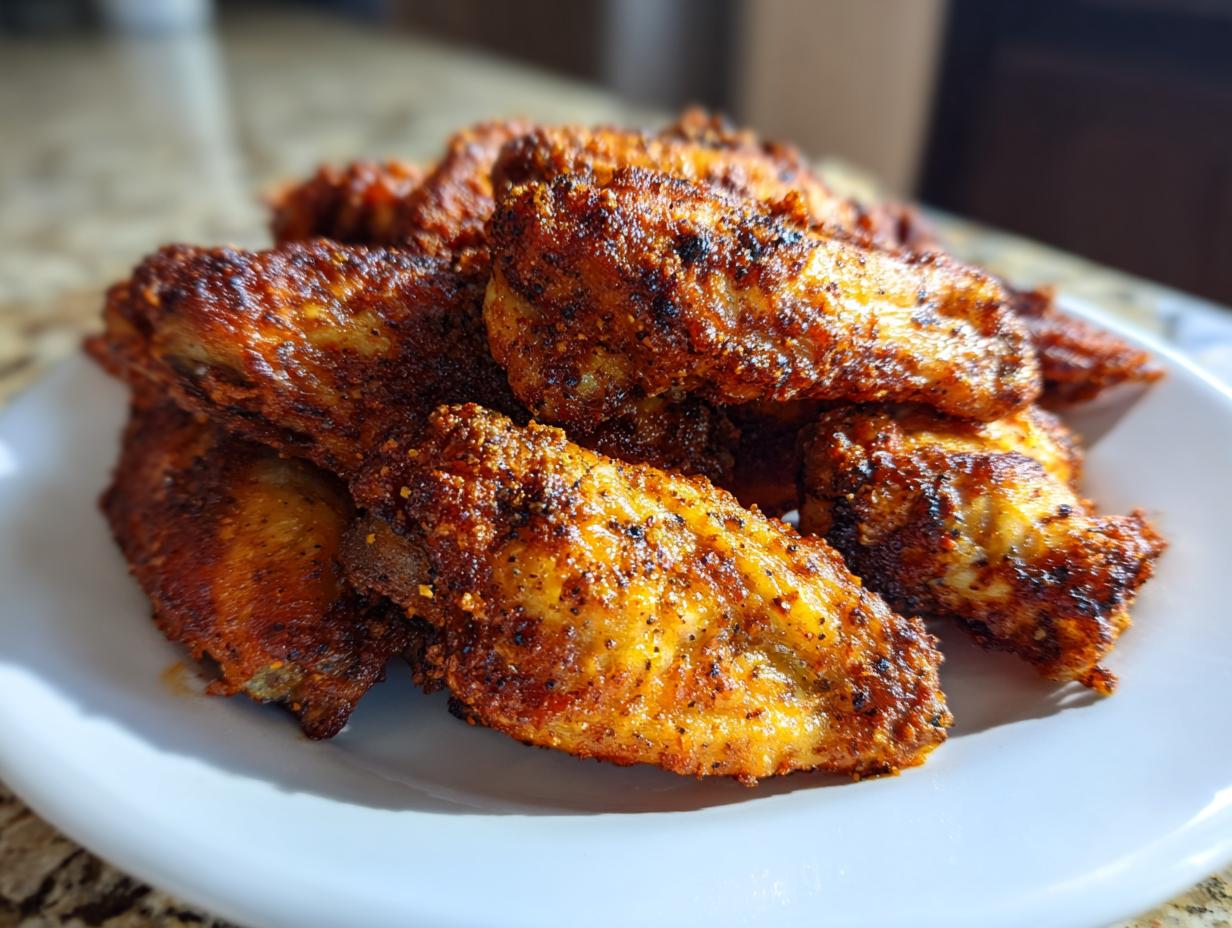 A close-up of a pile of seasoned, crispy air fryer chicken wings served on a white plate.