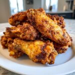 A close-up stack of perfectly seasoned, crispy air fryer chicken wings piled high on a white plate.