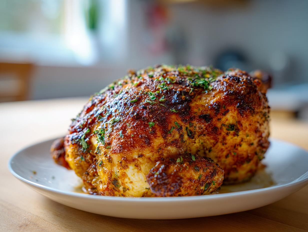 A perfectly cooked, crispy skin air fryer whole chicken seasoned with herbs, resting on a white plate.