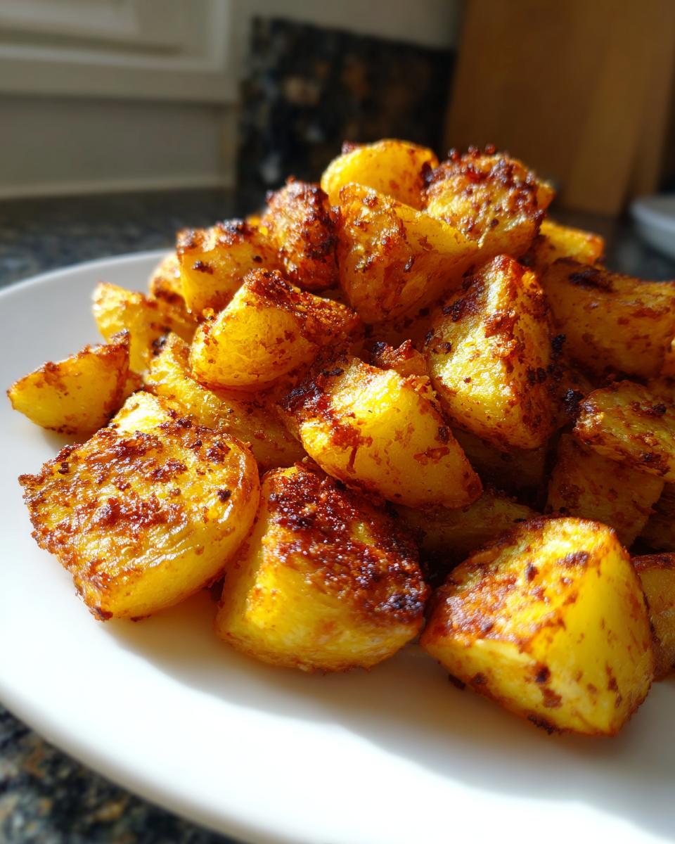 A close-up of golden, crispy, seasoned breakfast potatoes piled high on a white plate.