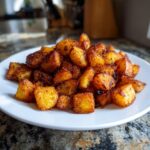 A close-up of perfectly crispy, golden brown breakfast potatoes seasoned with spices on a white plate.