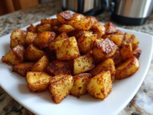 A close-up of perfectly crispy, golden-brown seasoned breakfast potatoes piled high on a white square plate.