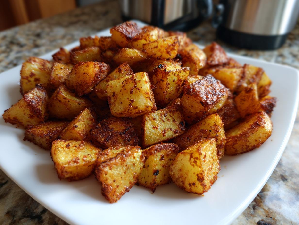 A close-up of perfectly crispy, golden-brown seasoned breakfast potatoes piled high on a white square plate.