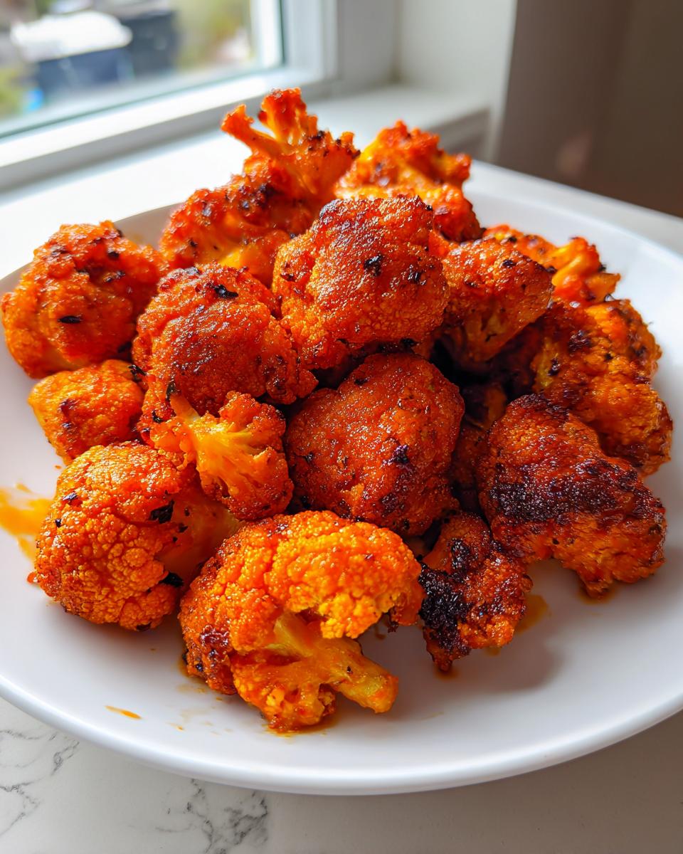 Close-up of bright orange, crispy buffalo cauliflower florets piled on a white plate near a window.